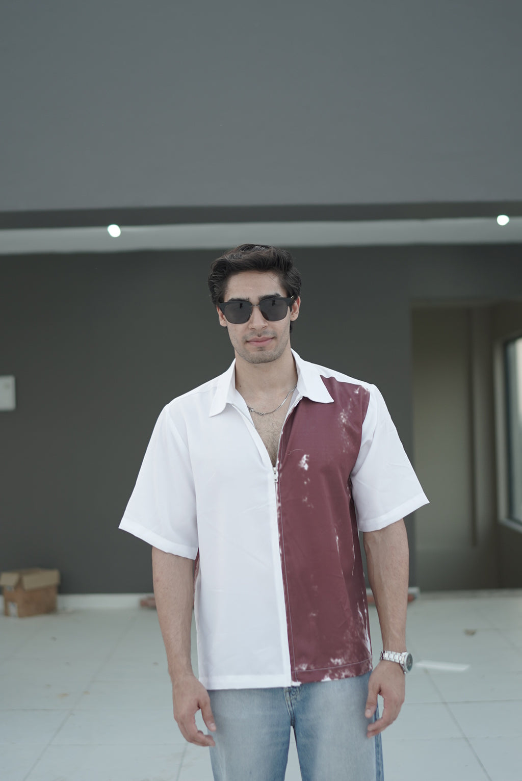 Maroon & White Full-Zipped Shirt