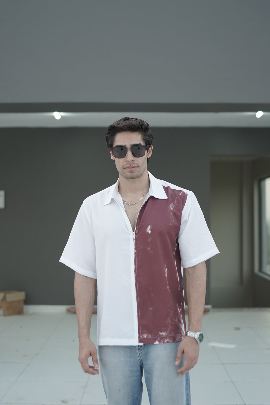 Maroon & White Full-Zipped Shirt
