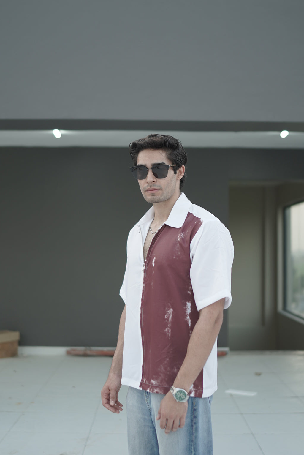 Maroon & White Full-Zipped Shirt