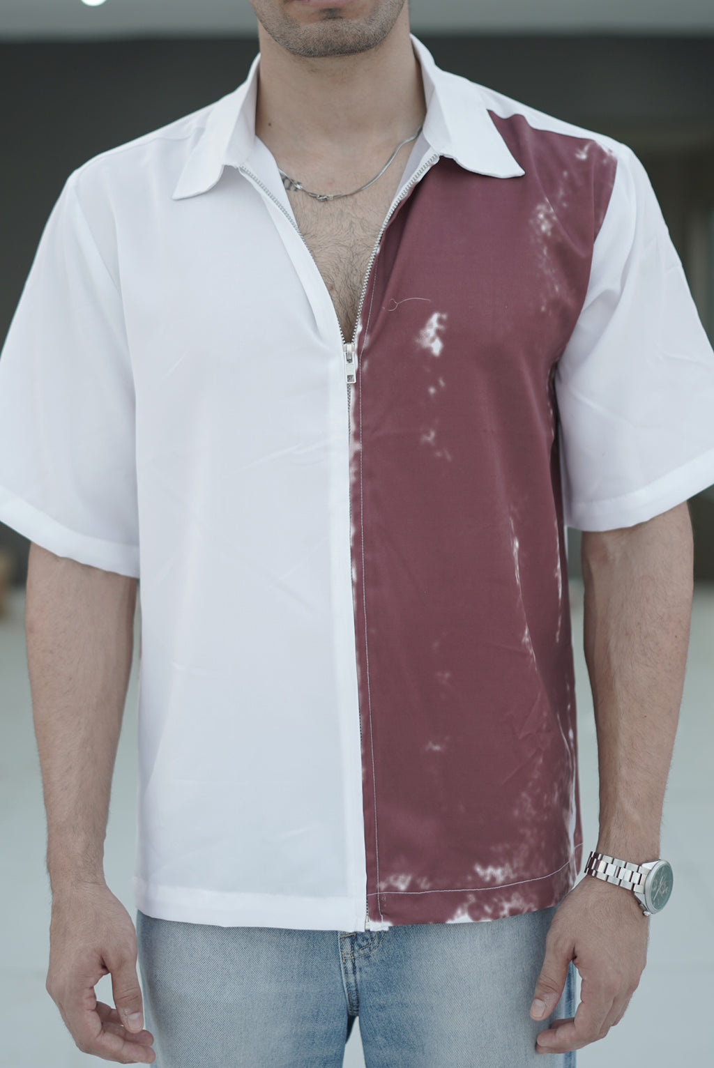 Maroon & White Full-Zipped Shirt